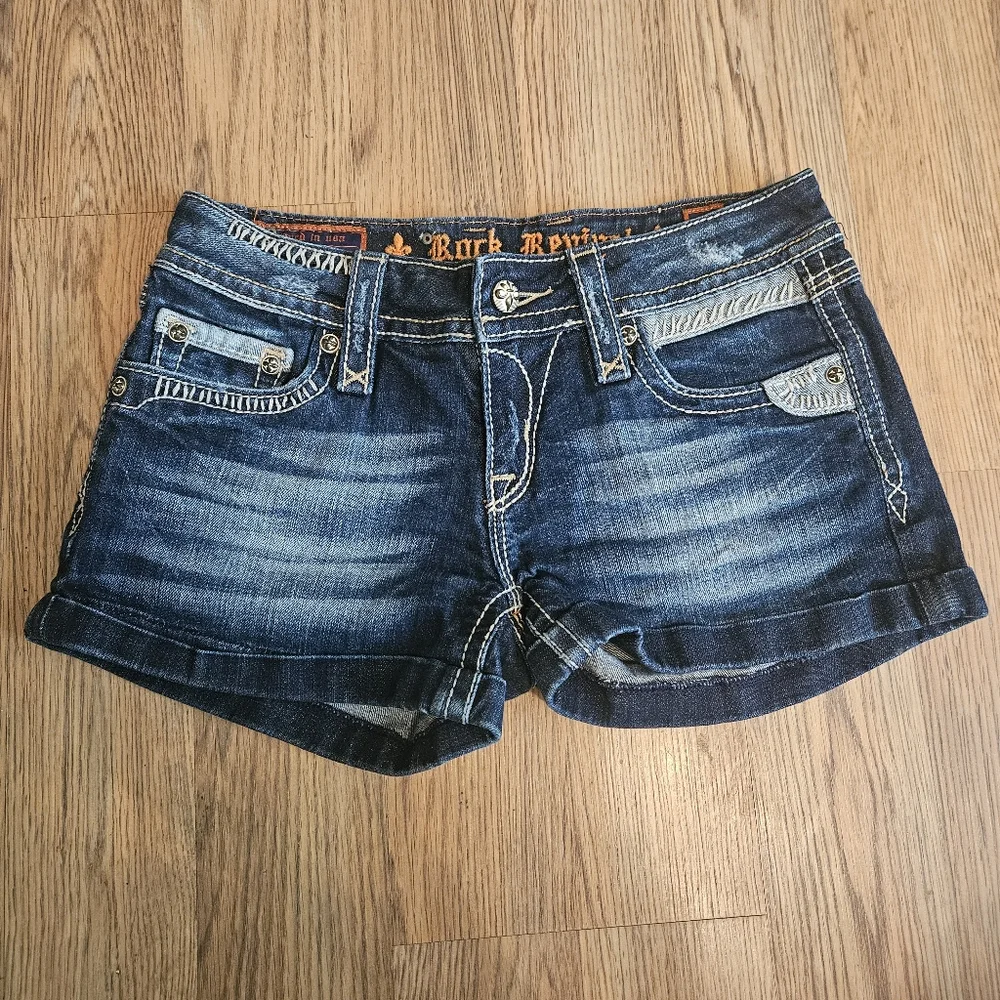 Rock Revival Dark Blue Distressed Denim Jean Shorts - Picture 1 of 4